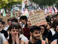 A protestor holds a placard reading, 'Macron the thief!! angry citizens' as he takes part in a demonstration after the appointment of a righ...