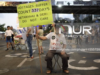 Thousands of Israelis protest against the Israeli government, calling for the immediate release of the hostages still held by Hamas in Gaza,...