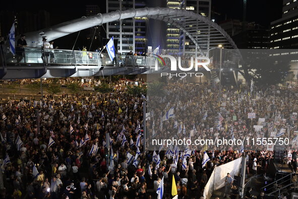 Thousands of Israelis protest against the Israeli government, calling for the immediate release of the hostages still held by Hamas in Gaza,...