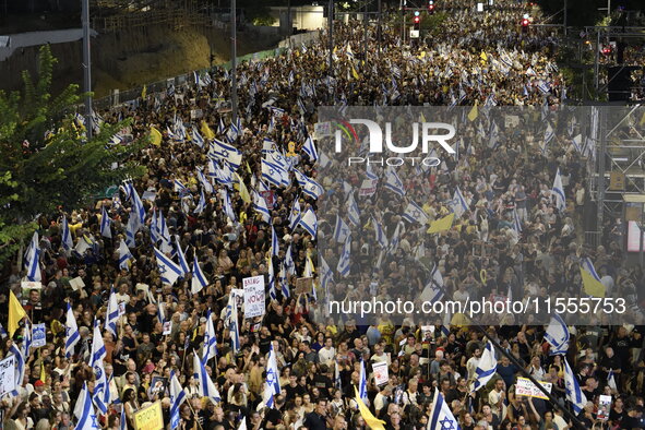 Thousands of Israelis protest against the Israeli government, calling for the immediate release of the hostages still held by Hamas in Gaza,...