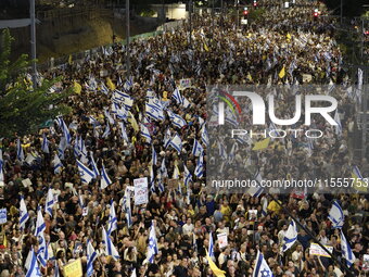 Thousands of Israelis protest against the Israeli government, calling for the immediate release of the hostages still held by Hamas in Gaza,...