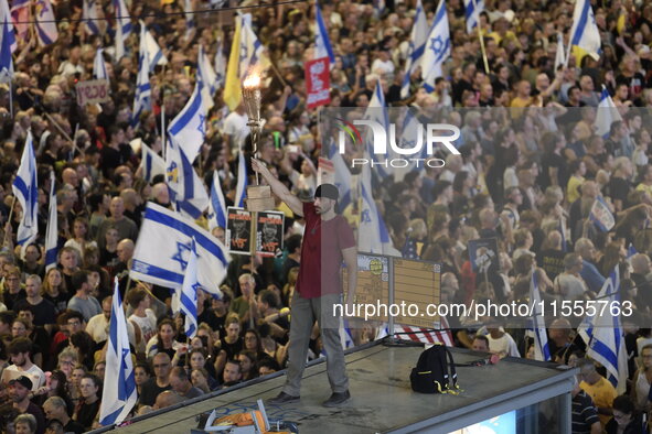 Thousands of Israelis protest against the Israeli government, calling for the immediate release of the hostages still held by Hamas in Gaza,...