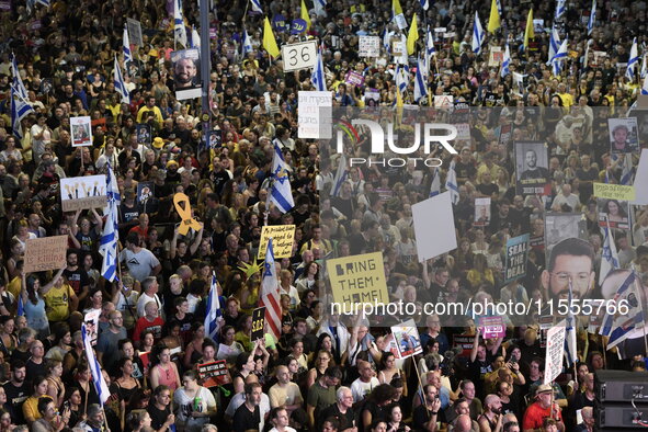 Thousands of Israelis protest against the Israeli government, calling for the immediate release of the hostages still held by Hamas in Gaza,...