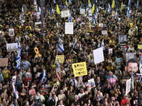 Thousands of Israelis protest against the Israeli government, calling for the immediate release of the hostages still held by Hamas in Gaza,...