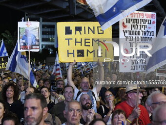 Thousands of Israelis protest against the Israeli government, calling for the immediate release of the hostages still held by Hamas in Gaza,...