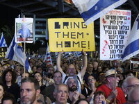 Thousands of Israelis protest against the Israeli government, calling for the immediate release of the hostages still held by Hamas in Gaza,...