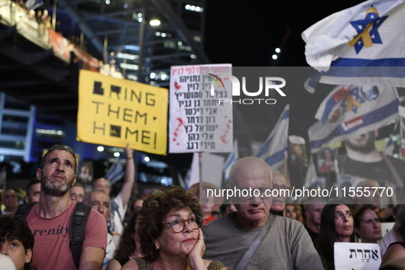 Thousands of Israelis protest against the Israeli government, calling for the immediate release of the hostages still held by Hamas in Gaza,...