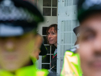 A pro-Palestinian activist sits in a police van after being arrested during the pro-Palestinian National Day of Action for Palestine in Lond...