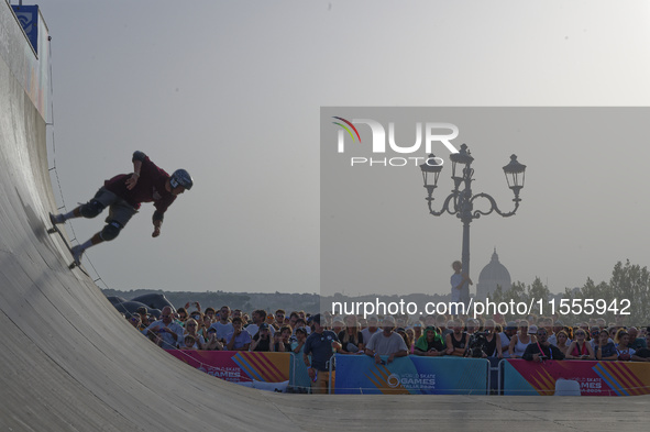 Augusto AKIO from Brazil wins the Argent Medal in Skateboarding Vert during the World Skate Games 2024 in Rome, Italy, on September 7, 2024....