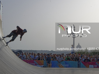 Augusto AKIO from Brazil wins the Argent Medal in Skateboarding Vert during the World Skate Games 2024 in Rome, Italy, on September 7, 2024....