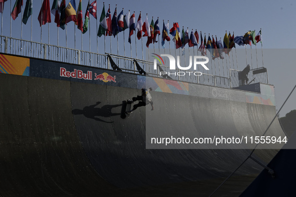 Athletes skate during the final day of Skate Vert at the World Skate Games in Rome, Italy, on September 7, 2024. 