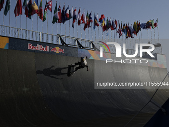 Athletes skate during the final day of Skate Vert at the World Skate Games in Rome, Italy, on September 7, 2024. (