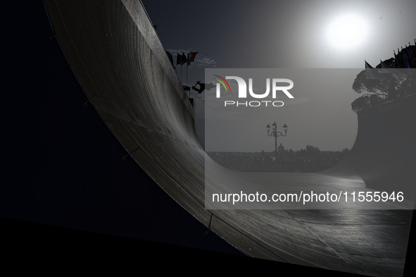 Athletes skate during the final day of Skate Vert at the World Skate Games in Rome, Italy, on September 7, 2024. 