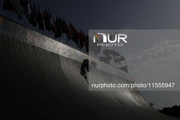 Athletes skate during the final day of Skate Vert at the World Skate Games in Rome, Italy, on September 7, 2024. 