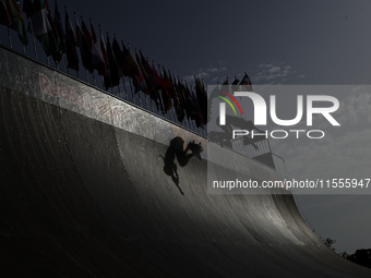 Athletes skate during the final day of Skate Vert at the World Skate Games in Rome, Italy, on September 7, 2024. (