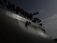 Athletes skate during the final day of Skate Vert at the World Skate Games in Rome, Italy, on September 7, 2024. (