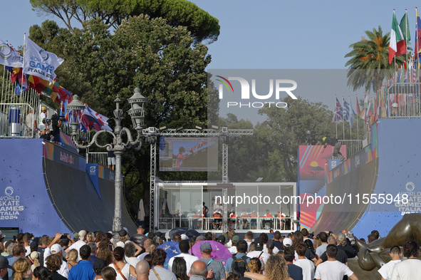 Athletes skate during the final day of Skate Vert at the World Skate Games in Rome, Italy, on September 7, 2024. 