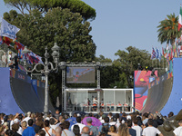 Athletes skate during the final day of Skate Vert at the World Skate Games in Rome, Italy, on September 7, 2024. (