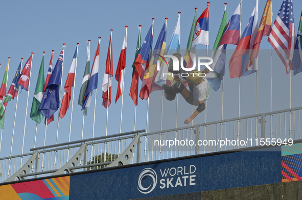 Athletes skate during the final day of Skate Vert at the World Skate Games in Rome, Italy, on September 7, 2024. 