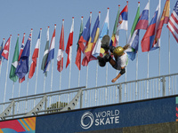 Athletes skate during the final day of Skate Vert at the World Skate Games in Rome, Italy, on September 7, 2024. (