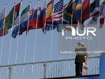 Athletes skate during the final day of Skate Vert at the World Skate Games in Rome, Italy, on September 7, 2024. (