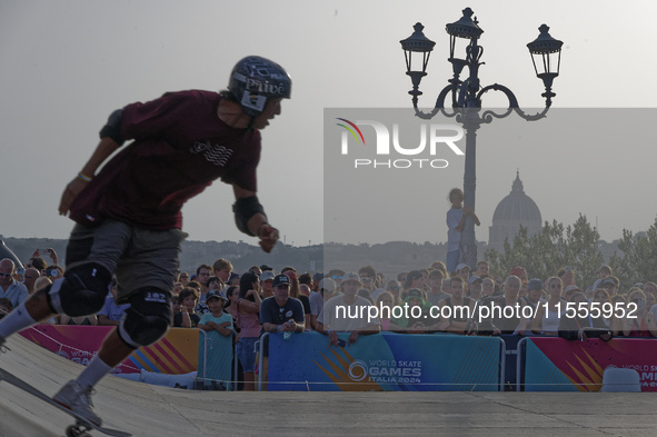 Augusto AKIO from Brazil wins the Argent Medal in Skateboarding Vert during the World Skate Games 2024 in Rome, Italy, on September 7, 2024....