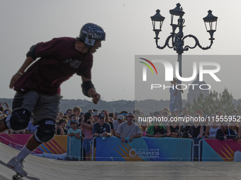 Augusto AKIO from Brazil wins the Argent Medal in Skateboarding Vert during the World Skate Games 2024 in Rome, Italy, on September 7, 2024....