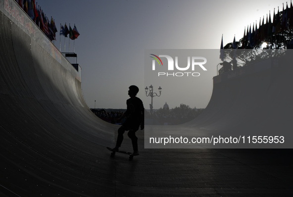 Athletes skate during the final day of Skate Vert at the World Skate Games in Rome, Italy, on September 7, 2024. 