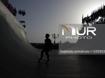 Athletes skate during the final day of Skate Vert at the World Skate Games in Rome, Italy, on September 7, 2024. (