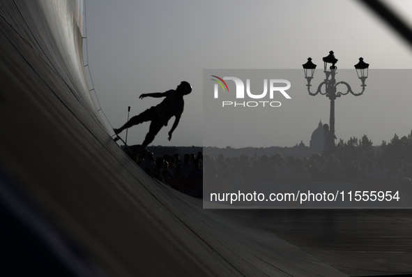 Athletes skate during the final day of Skate Vert at the World Skate Games in Rome, Italy, on September 7, 2024. 