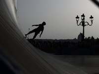 Athletes skate during the final day of Skate Vert at the World Skate Games in Rome, Italy, on September 7, 2024. (