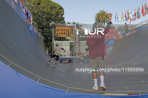 Augusto Akio from Brazil wins the Argent Medal in Skateboarding Vert during the World Skate Games in Rome, Italy, on September 7, 2024. 