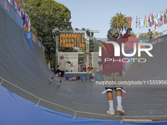 Augusto Akio from Brazil wins the Argent Medal in Skateboarding Vert during the World Skate Games in Rome, Italy, on September 7, 2024. (