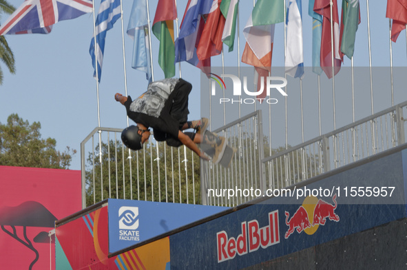 Athletes skate during the final day of Skate Vert at the World Skate Games in Rome, Italy, on September 7, 2024. 