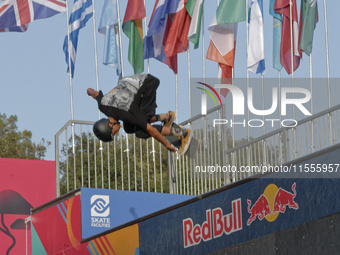 Athletes skate during the final day of Skate Vert at the World Skate Games in Rome, Italy, on September 7, 2024. (