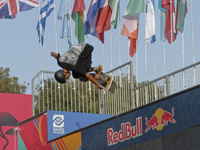 Athletes skate during the final day of Skate Vert at the World Skate Games in Rome, Italy, on September 7, 2024. (