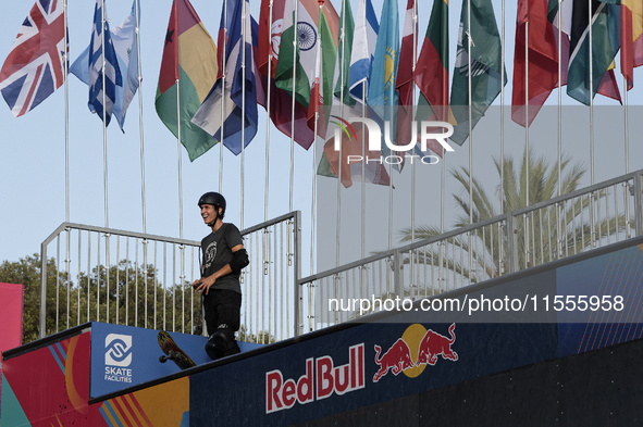 Athletes skate during the final day of Skate Vert at the World Skate Games in Rome, Italy, on September 7, 2024. 