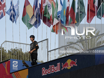 Athletes skate during the final day of Skate Vert at the World Skate Games in Rome, Italy, on September 7, 2024. (