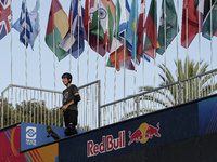 Athletes skate during the final day of Skate Vert at the World Skate Games in Rome, Italy, on September 7, 2024. (