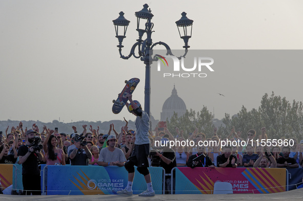 KHURY Gui from Brazil wins the gold medal in skateboarding vert during the World Skate Games in Rome, Italy, on September 7, 2024. 