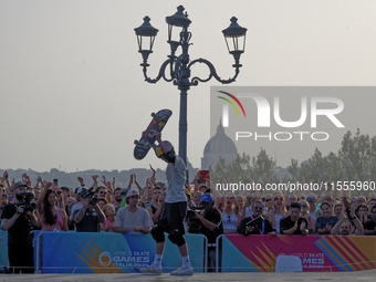 KHURY Gui from Brazil wins the gold medal in skateboarding vert during the World Skate Games in Rome, Italy, on September 7, 2024. (