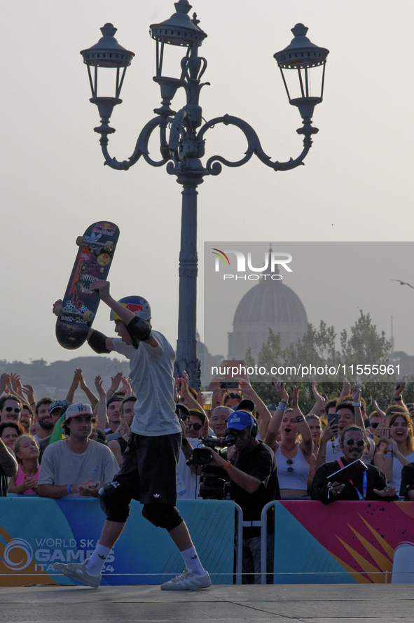 KHURY Gui from Brazil wins the gold medal in skateboarding vert during the World Skate Games in Rome, Italy, on September 7, 2024. 