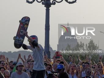 KHURY Gui from Brazil wins the gold medal in skateboarding vert during the World Skate Games in Rome, Italy, on September 7, 2024. (