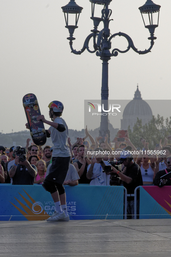 KHURY Gui from Brazil wins the gold medal in skateboarding vert during the World Skate Games in Rome, Italy, on September 7, 2024. 