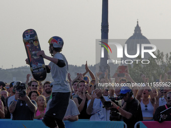 KHURY Gui from Brazil wins the gold medal in skateboarding vert during the World Skate Games in Rome, Italy, on September 7, 2024. (