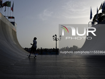 Athletes skate during the final day of Skate Vert at the World Skate Games in Rome, Italy, on September 7, 2024. (