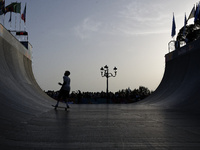 Athletes skate during the final day of Skate Vert at the World Skate Games in Rome, Italy, on September 7, 2024. (