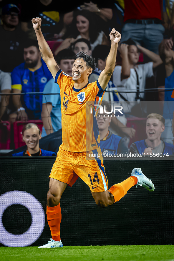 Netherlands midfielder Tijani Reijnders celebrates the goal during the match between the Netherlands and Bosnia and Herzegovina at the Phili...