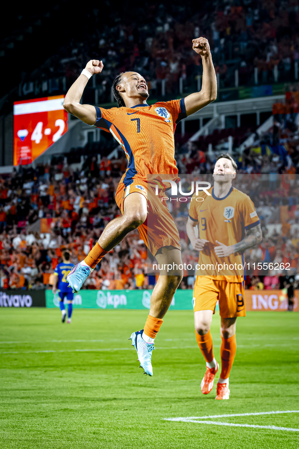 Netherlands midfielder Xavi Simons scores the 5-2 during the match between the Netherlands and Bosnia and Herzegovina at the Philips Stadium...