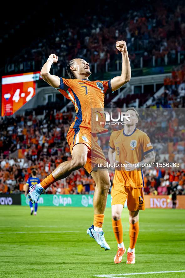 Netherlands midfielder Xavi Simons scores the 5-2 during the match between the Netherlands and Bosnia and Herzegovina at the Philips Stadium...